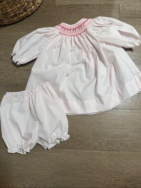 Petit Ami light pink Dress with Red Polka Dots and Pink Smocking
